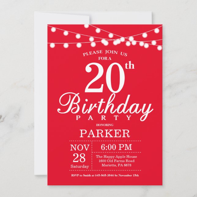 20th Birthday Invitation Red (Front)