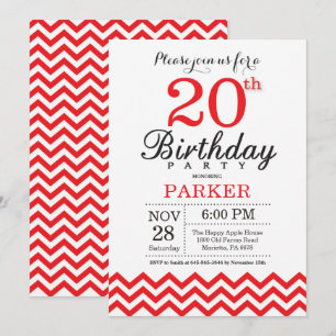 20th Birthday Invitation Red Chevron