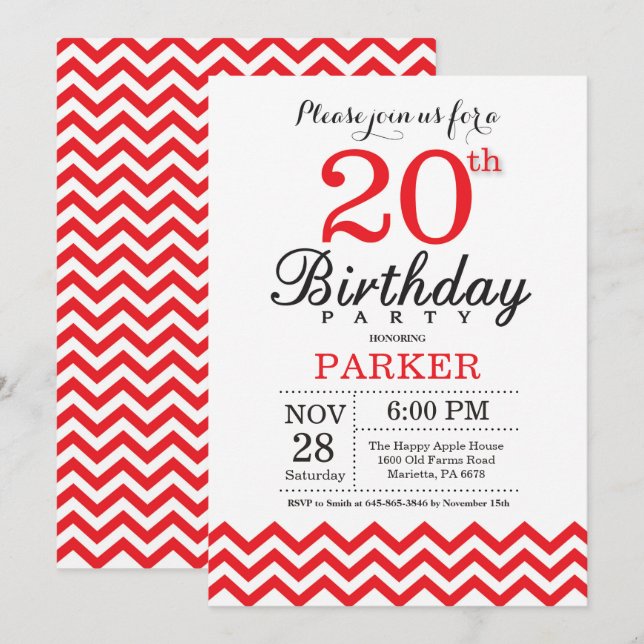 20th Birthday Invitation Red Chevron (Front/Back)