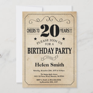 20th Birthday Invitation Rustic Vintage Retro