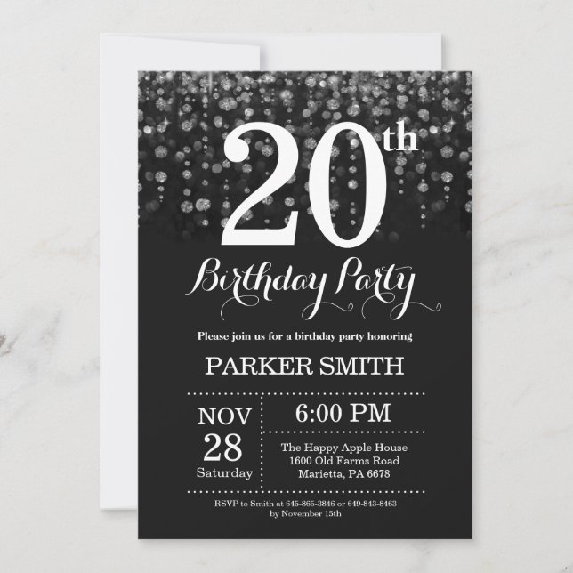 20th Birthday Invitation Silver Glitter (Front)
