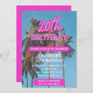20th birthday invitation Summer Pink Palm tree