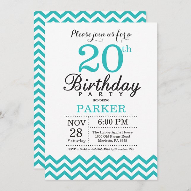 20th Birthday Invitation Teal Chevron (Front/Back)