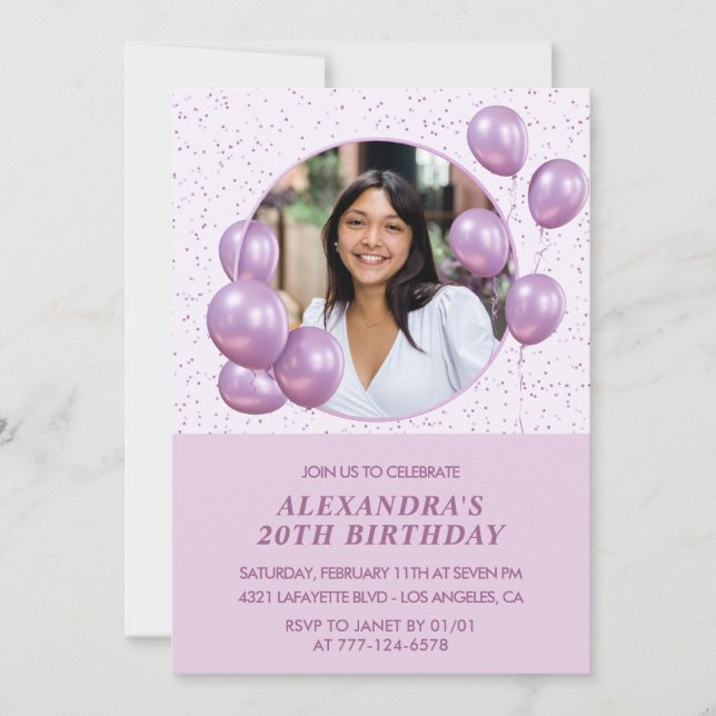 20th birthday invitations Balloons Photo Purple (Front)