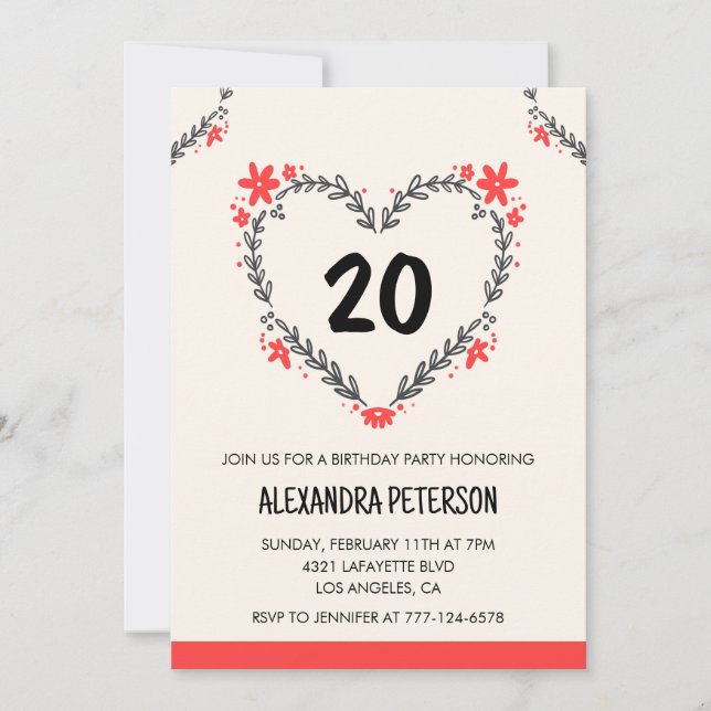 20th birthday invitations for her floral heart (Front)