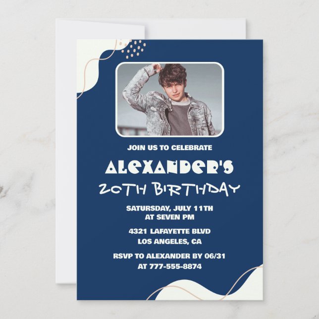 20th birthday invitations Men Photo Simple navy (Front)