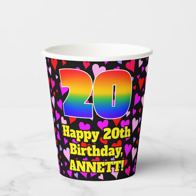 20th Birthday: Loving Hearts Pattern, Rainbow 20 Paper Cups (Front)