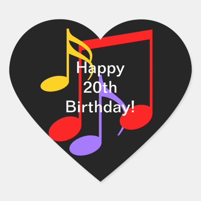 20th Birthday Music Notes  Heart Sticker (Front)