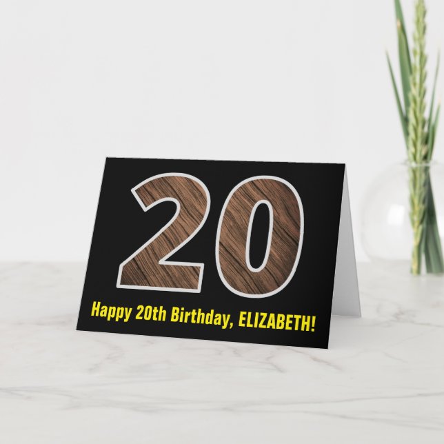 20th Birthday: Name + Faux Wood Grain Pattern "20" Card (Front)