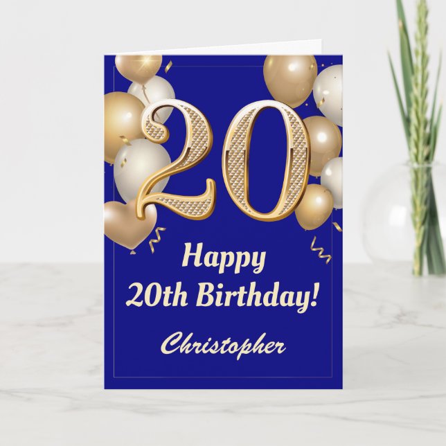 20th Birthday Navy Blue and Gold Balloons Confetti Card (Front)