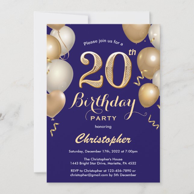 20th Birthday Navy Blue and Gold Balloons Confetti Invitation (Front)