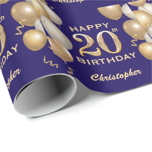 20th Birthday Navy Blue and Gold Glitter Balloons Wrapping Paper