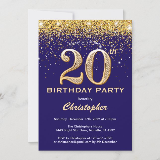 20th Birthday Navy Blue and Gold Glitter Confetti Invitation (Front)