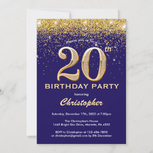 20th Birthday Navy Blue and Gold Glitter Confetti Invitation
