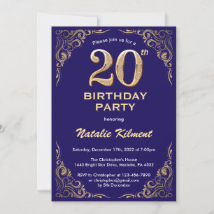 20th Birthday Navy Blue and Gold Glitter Frame Invitation