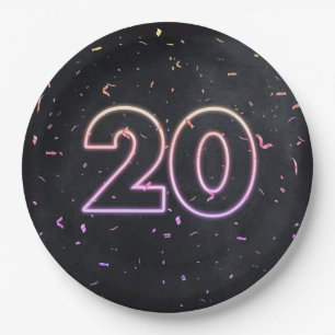 20th Birthday Neon Sign On Black Paper Plate