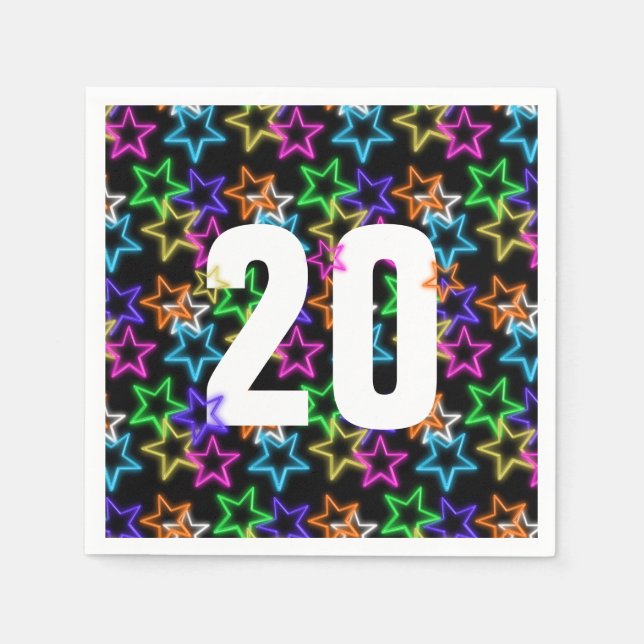 20th Birthday Neon Stars On Black  Napkin (Front)