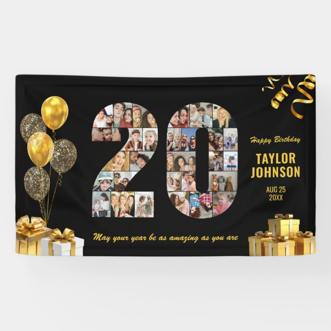 20th Birthday Number 20 Photo Collage Black Gold Banner (Horizontal)