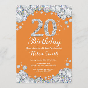 20th Birthday Orange and Silver Diamond Invitation