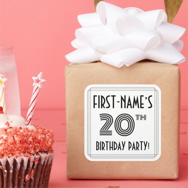 20th Birthday Party: Art Deco Style + Custom Name Square Sticker (Party)