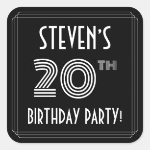 20th Birthday Party: Art Deco Style & Custom Name Square Sticker
