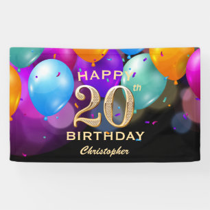 20th Birthday Party Black and Gold Balloons Banner