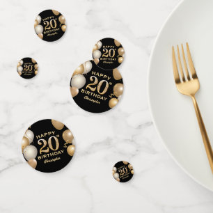 20th Birthday Party Black and Gold Balloons Confetti