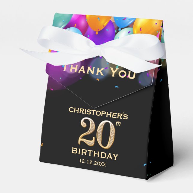 20th Birthday Party Black and Gold Balloons Favour Box (Front Side)