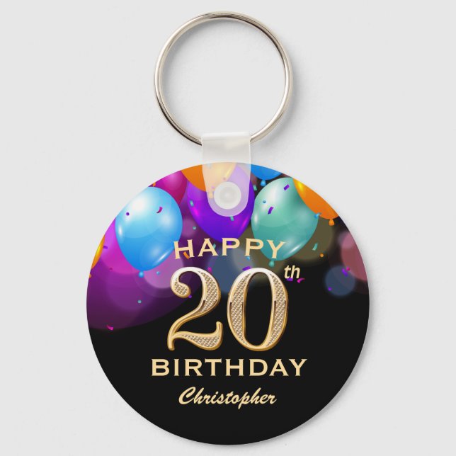 20th Birthday Party Black and Gold Balloons Key Ring (Front)