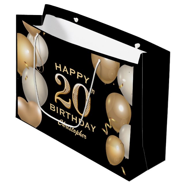 20th Birthday Party Black and Gold Balloons Large Gift Bag (Front Angled)