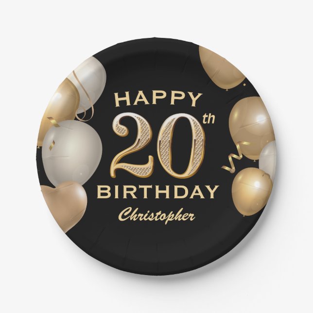 20th Birthday Party Black and Gold Balloons Paper Plate (Front)