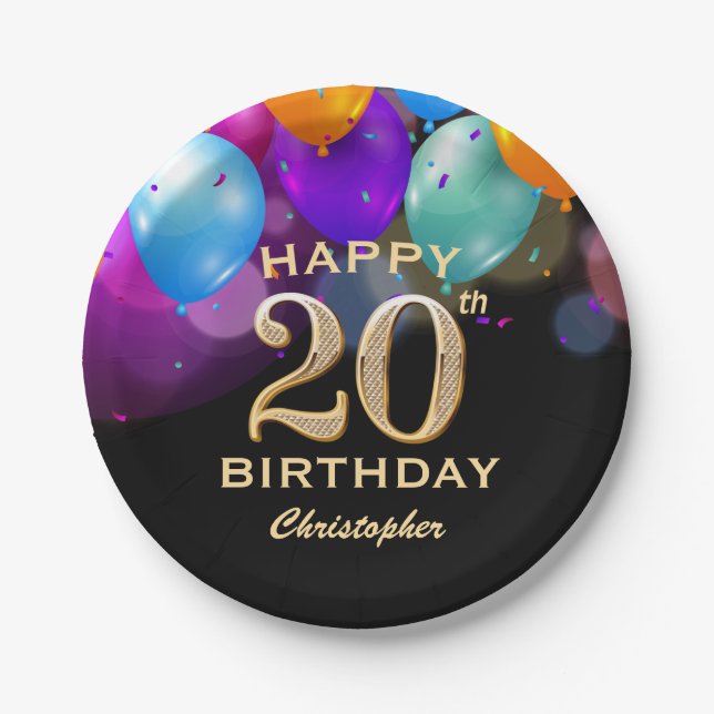 20th Birthday Party Black and Gold Balloons Paper Plate (Front)