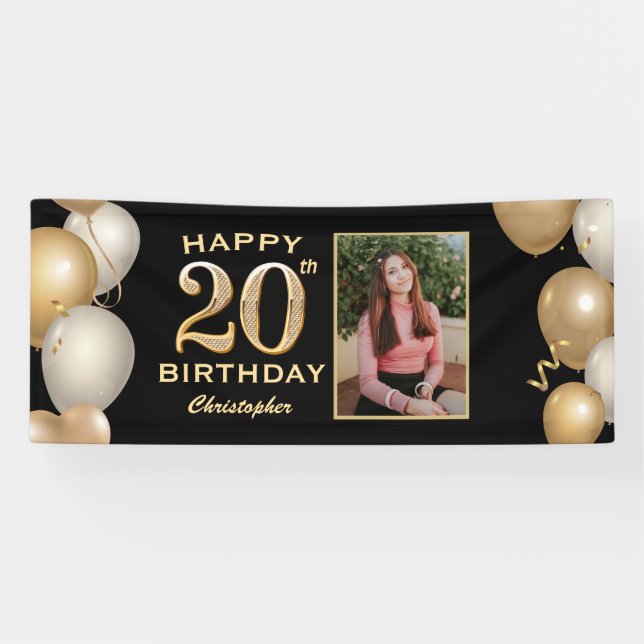 20th Birthday Party Black and Gold Balloons Photo Banner (Horizontal)