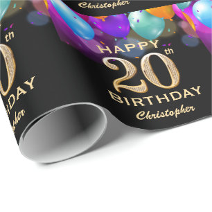 20th Birthday Party Black and Gold Balloons Wrapping Paper