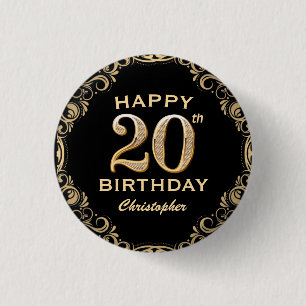 20th Birthday Party Black and Gold Glitter Frame 3 Cm Round Badge
