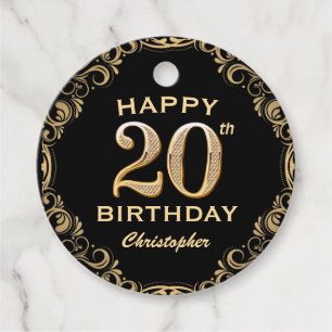 20th Birthday Party Black and Gold Glitter Frame Favour Tags