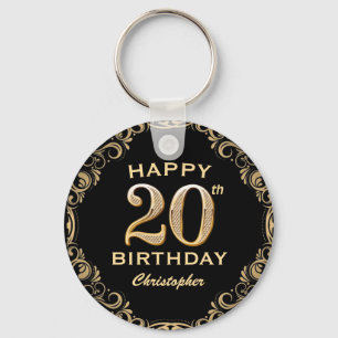 20th Birthday Party Black and Gold Glitter Frame Key Ring