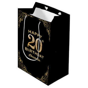 20th Birthday Party Black and Gold Glitter Frame Medium Gift Bag