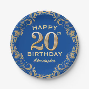 20th Birthday Party Blue and Gold Glitter Frame Paper Plate