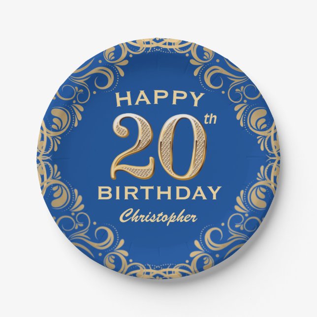 20th Birthday Party Blue and Gold Glitter Frame Paper Plate (Front)