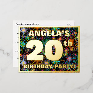 20th Birthday Party: Bold, Colorful Fireworks Look Foil Invitation Postcard