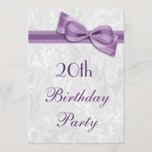 20th Birthday Party Damask and Faux Bow Invitation