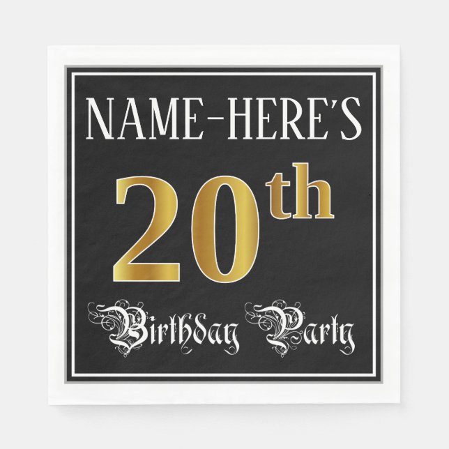20th Birthday Party — Fancy Script, Faux Gold Look Napkin (Front)