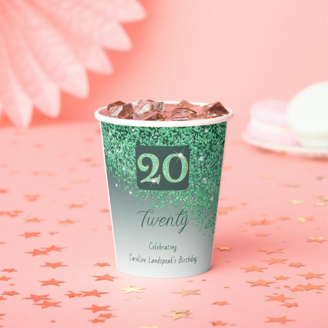 20th Birthday Party Gleaming Green Glitter Paper Cups (Insitu)