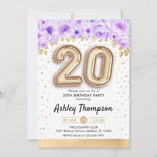 20th Birthday Party - Gold Balloons Purple Invitation (Front)