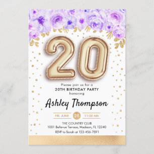 20th Birthday Party - Gold Balloons Purple Invitation