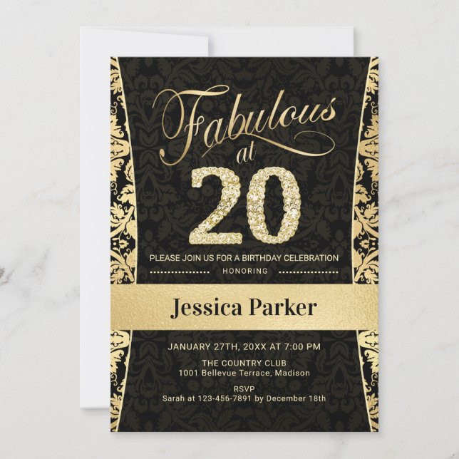 20th Birthday Party - Gold Black Invitation (Front)