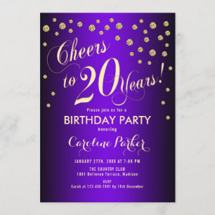 20th Birthday Party - Gold Purple Invitation