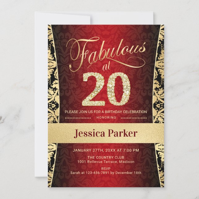 20th Birthday Party - Gold Red Black Invitation (Front)
