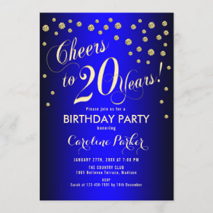 20th Birthday Party - Gold Royal Blue Invitation